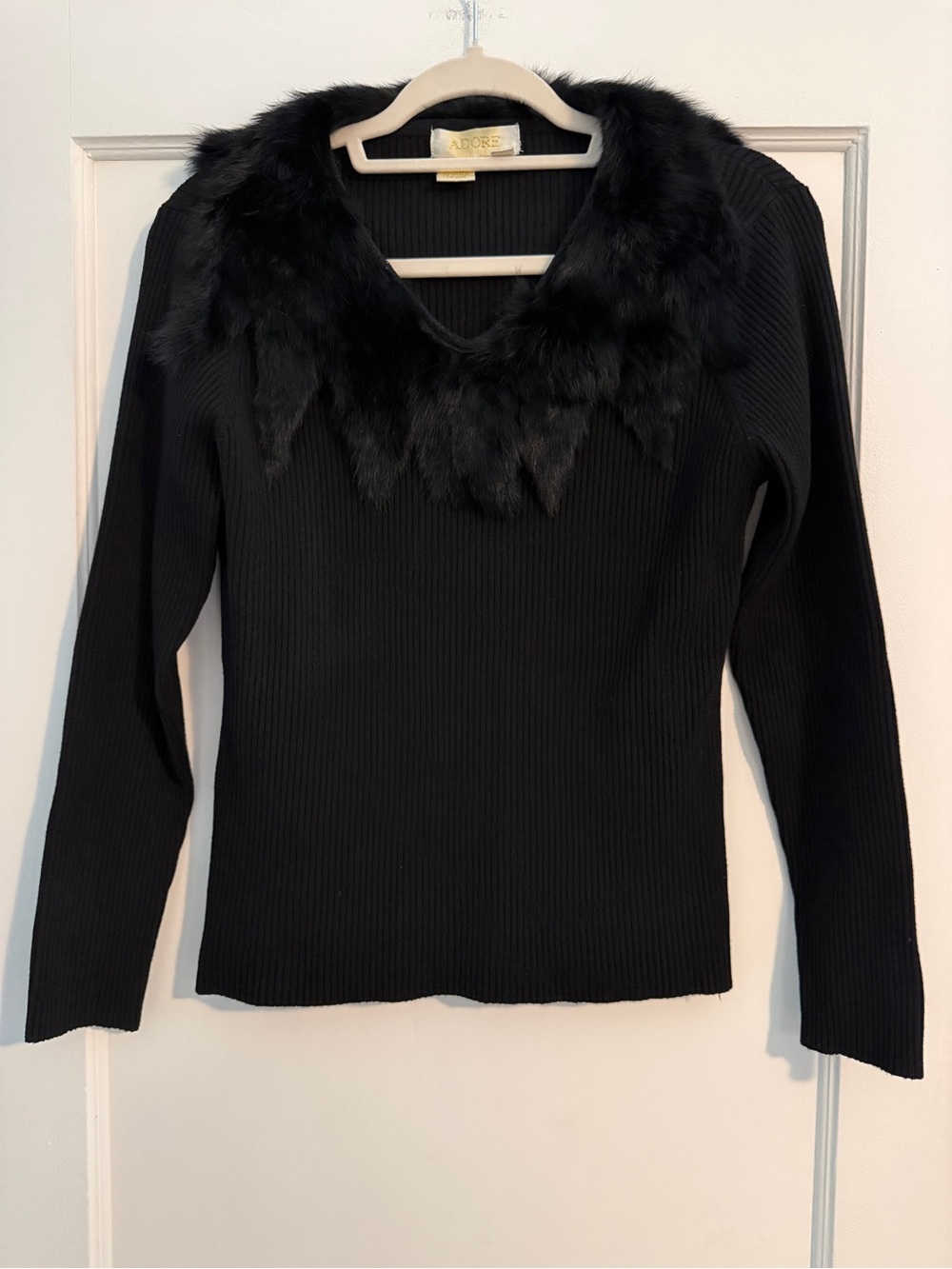 Vintage Adore Fur Collar Ribbed Sweater Black Large Coquette Whimsigoth